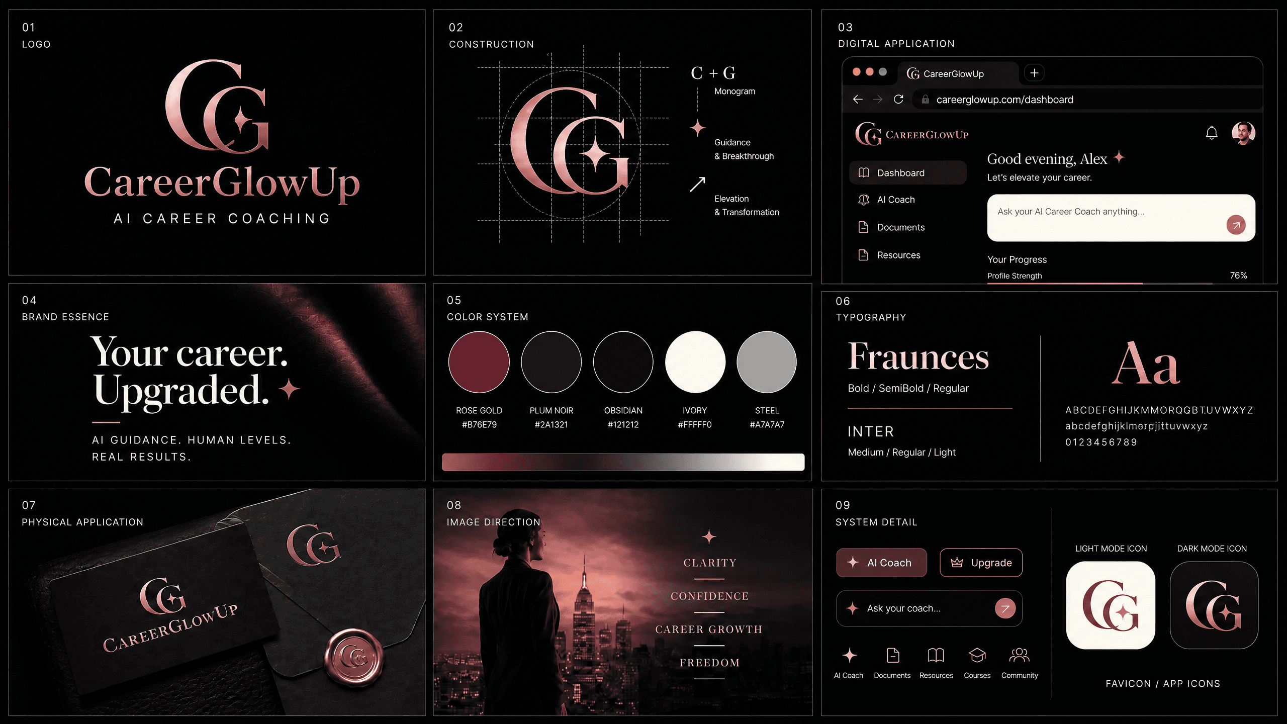 CareerGlowUp brand identity board — palette, typography, and visual world